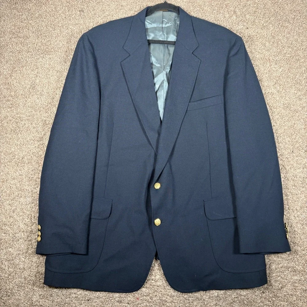 Stafford Mens Navy Blue Worsted Wool Blend Two-Button Blazer Gold‎ Crest Buttons